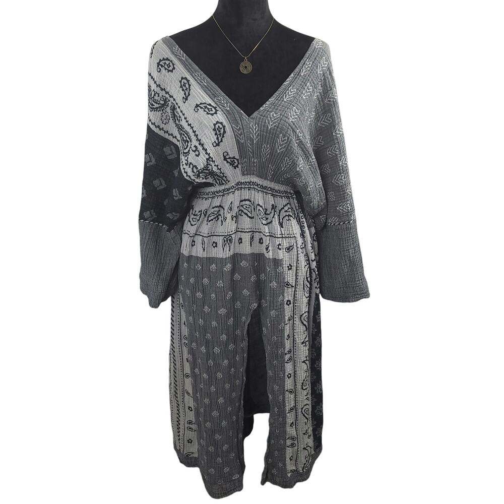 By Anthropologie Boho Paisley Patchwork Gauze Maxi Dress One Size Gray Black